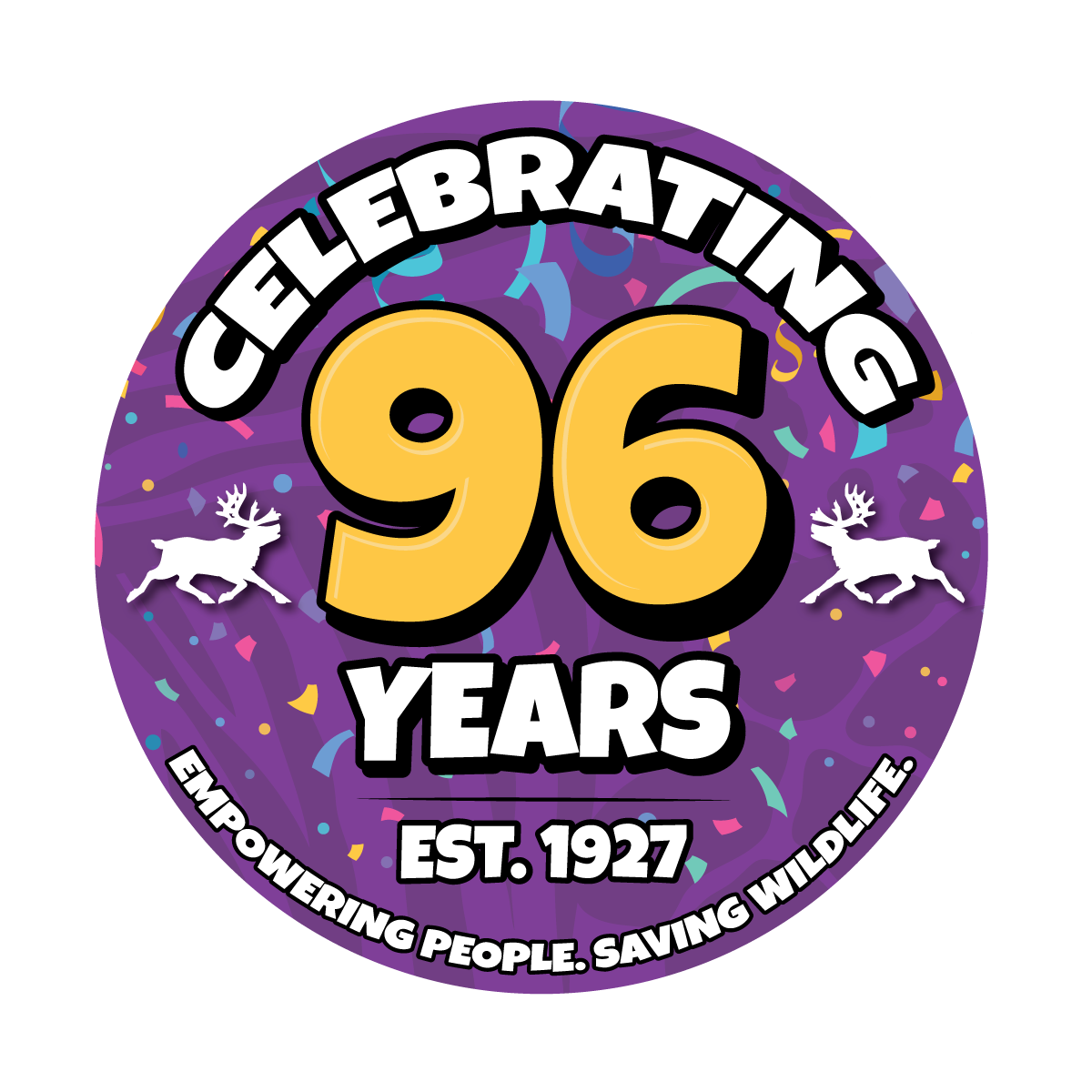 Logo of an purple emblem with confetti, with the words "Celebrating 96 years" with two reindeer silhouettes flanking it
