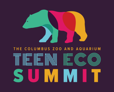 Columbus Zoo and Aquarium Teen Eco Summit with a multi-colored bear graphic on dark purple backdrop