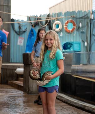 Child holding a ball python