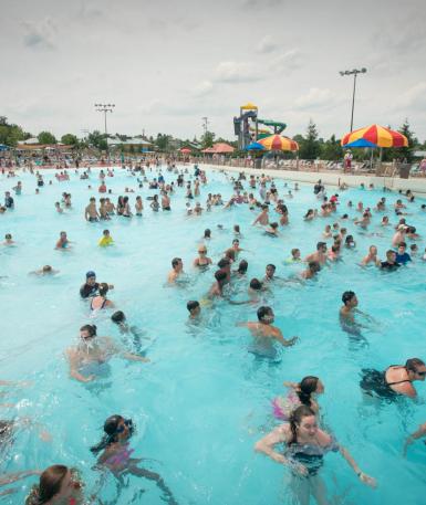 Top shot of dozens of people wading in the Wave Pool